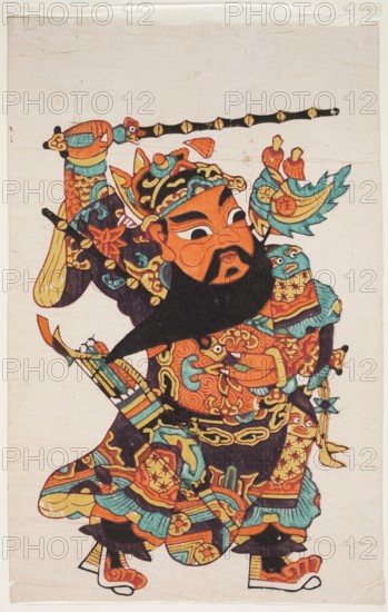 Menshen Gate Guardian in warrior costume; nianhua New Year’s picture, graphic print; Chinese, early 20th century; Jiajiang; height 40.5 cm, width 25.5 cm;, A richly colored painted figure wearing elaborate armor and a flowing robe dominates the image, with prominent orange skin tones, deep black hair and beard, teal and turquoise ornamentation, yellow and gold decorative elements, and accents of red and brown; the figure holds a long staff raised above the head and a blade at the waist, and the costume is covered in intricate patterns and floral motifs in turquoise, orange, yellow, black, and red; a small creature-like ornament with wide eyes and teal coloring appears on the shoulder, and layered fabric and tassels in teal, yellow, and orange hang from the armor and headpiece; the background is a plain off-white with visible creases and a narrow border around the edges.