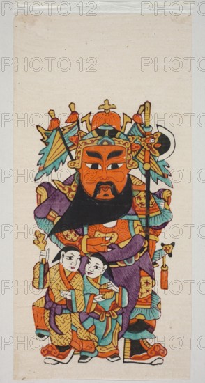 Menshen Gate Guardian with He He Deities, Chinese, protective deities iconography, Menshen Gate Guardian iconography, nianhua, New Year's Day pictures, early 20th century, Jiajiang, graphic print, height 33.0 cm, width 17.0 cm, A tall painted figure wearing ornate headgear and layered robes stands behind two smaller figures; the tall figure has an orange face with heavy black eyebrows and a long black beard, and wears a multicolored headdress with teal, orange, yellow, and black elements and a purple and teal robe with orange and yellow decorative patterns, holding a staff with teal and yellow accents; the two smaller figures in front wear patterned robes in teal, orange, yellow, and purple, with pale faces and black hair, and one holds an object while the other raises a small item; the background is a pale beige with a narrow white border along the edges.