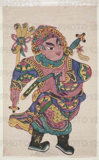 Menshen Gate Guardian; Menshen Gate Guardian iconography; nianhua; New Year's pictures; Gate Guardian depicted as the young warrior Yue Fei; early 20th century; China; graphic print; height 40.0 cm; width 25.2 cm;, graphic artist; print., A stylized figure wearing ornate layered clothing and a decorated headdress fills the image, shown against a pale beige background; the figure has a rounded face with arched eyebrows and a slight smile, and a floral ornament near the ear. The costume displays a mix of colors including pink, yellow, green, blue, teal, purple, black, and gold tones, with swirling patterns, scalloped edges, and floral motifs. The headdress and shoulder area have curling decorative elements in yellow and pink with teal accents, and a staff-like object with petal shapes appears near the left side of the head. The figure’s sleeves and robes are richly patterned with concentric circular designs, scallops, and layered borders in blue, green, yellow, and pink, and a belt-like ...