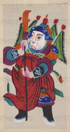 Gate Guardian in the form of a high-ranking warrior;, Chinese; Gate Guardian Menshen iconography; warriors; nianhua, New Year's picture; early 20th century, China; graphic print; height 45.5 cm, width 24.0 cm, A stylized figure wearing a layered costume fills the image, with a face painted in pale peach and pink tones and outlined features in black and purple; the figure has blue hair framing the face and a blue headpiece with lighter blue swirls. The upper garments combine red, purple, teal, orange, green, and black elements, including decorative cloud-like motifs in blue and white on the sleeves and lower skirt area. A large red robe with darker red patterns drapes over the body, and there are accents of turquoise, purple, and orange in the shoulder and sleeve areas. The figure holds a long black pole or staff vertically, and a group of green and black banners or flags with scalloped edges and red tassel-like shapes rise behind the figure. The background is a neutral beige with a sli...