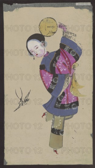 Dancing Beauty with a Swallow, unknown author; nianhua New Year's picture, early 20th century, Mianzhu, China; graphic print; subject: young woman dancing with a swallow, fans, women's clothing;, Chinese art, graphic; height 44.5 cm, width 24.0 cm., A portrait of a person in traditional attire on a tall pale background, wearing a multi-layered garment with prominent purple, blue, pink, black, yellow, and green hues and floral and geometric decorative motifs; the figure has a pale face with dark hair pulled back, red lips, and a small flower near one ear, and is posed with one arm raised holding a round yellow object while the other arm rests near the body; a small brushstroke-like group of dark marks appears to the left of the figure, and the image is framed by a dark border with a few worn and textured areas along the edges.