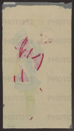 Dancing Beauty with a Swallow, unknown artist; nianhua New Year's picture, early 20th century, Mianzhu, China; Chinese art; subject: young woman dancing with a swallow, holding a fan; themes: swallows, dances, women, entertainment; medium: graphic print; dimensions: height 44.5 cm, width 24.0 cm., A faded, narrow vertical sheet with a dark border surrounds a pale beige background that fills most of the image; near the center-left there is a faint abstract figure composed of pale green and light blue curved shapes with soft purple patches, and over these are several bold red brushlike marks and short strokes; a pale circular form with subtle pink and red smudges appears toward the upper right of the central area; there are a few small red flecks scattered lower on the sheet and some thin, faint pencillike scratches in darker gray; the top edge shows a strip of darker gray tape and the corners have slight wear with small dark gray tears.