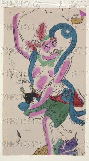 Zhong Kui — demon slayer; creator, nianhua New Year's picture, graphic print; Chinese, early 20th century; Mianzhu place of origin; height 46.5 cm, width 25.5 cm; Zhong Kui iconography., The image shows a colorful painted figure with purple-toned skin and red hair wearing a green headband and green neck scarf, draped with flowing blue cloth and a green skirt with red accents; the figure has expressive facial features and is holding a dark-haired smaller figure against their body while standing on a surface that includes purple and yellow-green shapes, all set against a pale beige background with scattered black ink marks.