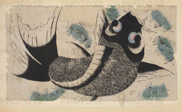 Black carp, unknown author, Chinese art, Chinese culture, fish, carps, nianhua New Year's picture, early 20th century, Mianzhu, China; graphic print; height 48.0 cm, width 27.0 cm., A stylized animal figure rendered in black and gray tones occupies the center of the image, with textured gray areas and solid black shapes forming its body and head; the creature has curved horns or tusks outlined in black with lighter interiors, and circular eye-like markings that include pale blue and pale pink accents surrounded by black. The background is a worn beige paper with signs of age and rough edges, and there are several clusters of spiky foliage in shades of blue and green scattered around the figure. Thin black brush lines suggest contours and fur or feather details across the composition.