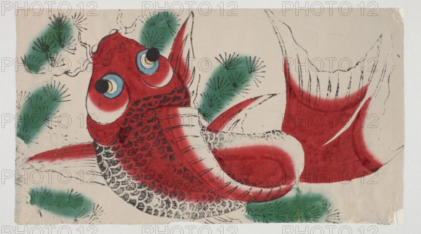 Red carp, ; Chinese art, Chinese culture; fish, carps, nianhua New Year's picture, early 20th century, Mianzhu; graphic print; height 44.5 cm, width 24.0 cm., A large stylized fish dominates the image with a red body, red fins, and a red tail, showing textured black scale patterns and black outline details; the fish has large round eyes with blue and yellow rings and black pupils and white areas around the eyes. The background is a pale beige with several green, brushy pine-like foliage clusters scattered around, each accented with black radiating lines. Thin black sketchy lines suggest branches or outlines behind and around the fish. There are areas of faded or worn edges on the paper showing lighter beige and small spots of discoloration.