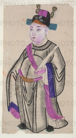 Menshen Gate Guardian, Chinese, nianhua New Year's picture, depicted as a young dignitary, early 20th century, Mianzhu, graphic print, height 50.0 cm, width 26.0 cm., A painted figure of a person standing, wearing a long robe shaded in gray with black outlines and patterned floral tones, a purple sash draped across the chest and down the side, and a blue and purple sleeve trim with decorative markings; the face and hands are tinted pink and light purple, the hair is dark with an orange-brown hairline, and the head is topped with a black and purple hat adorned with small green and red floral ornaments and a blue horizontal ornament behind it; the figure holds a purple and gold belt or sash at the waist, wears black shoes with green soles, and stands against a pale beige background with slight discolorations and paper texture.