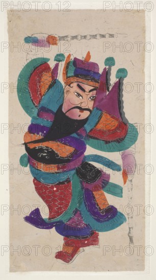 Menshen Gate Guardian, nianhua New Year's picture, shown with a raised club, early 20th century, Mianzhu, graphic print; height 48.0 cm, width 24.0 cm; Chinese art; guards iconography., A stylized figure of a warrior wearing ornate armor and flowing garments fills the image, with visible colors including red, teal, purple, orange, black, blue, pink, and green; the figure has a prominent black beard and expressive eyebrows, a headpiece with layered purple and blue elements, and ornamental shoulder pieces with scalloped teal fans and orange scaled patterns; the torso and skirt feature layered cloth and armor panels in teal, purple, red, orange, and blue with scale-like and curved decorative motifs, and a black rounded abdomen plate; the figure’s arms and hands are partially visible, one hand holding a long slender staff-like object rendered in pale tones, and the other arm bent with colorful sleeves; the legs are clad in patterned red boots and layered skirts, and the whole composition s...