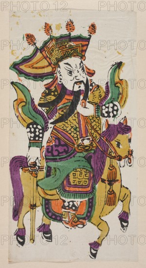 Menshen Gate Guardian, Chinese nianhua New Year's picture, depicted as a warrior riding a horse, early 20th century, Fengxiang; graphic print; height 45.0 cm, width 21.5 cm; iconography: Menshen Gate Guardian, horse, guards., A colorful painted figure wearing ornate armor and a large decorative headdress rides a horse; the figure has a pale face with dark facial hair and bold black facial lines, and the headdress features layered shapes in orange, green, purple, and gold with small orange plume-like elements on top. The armor and clothing show patterns and scales in gold, purple, green, and orange with black outlines, and the figure holds a long staff or spear. The horse is primarily yellow-gold with purple mane and tail accents, green and purple ornamental saddle and harness details, and decorative tassels in orange and gold. The background is a pale off-white with slight discoloration and faint marks, and the overall image uses prominent colors of orange, green, purple, gold, black, ...