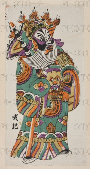 Menshen Gate Guardian, nianhua New Year’s picture, early 20th century, Fengxiang; Chinese; woodblock/graphic print; depicts a guardian depicted as a dignitary; height 45.5 cm, width 22.5 cm; inscriptions/notes: guardians, Menshen iconography., A colorful painted figure wearing an elaborate helmet with ornate orange and gold decorations and tassels stands against a plain light background; the figure has a white striped beard and a dramatic black-and-white facial pattern with purple accents around the eyes and cheeks, and an open mouth showing orange lips. The figure is dressed in a green robe adorned with decorative cloud and floral motifs in orange, purple, and yellow, and has layered sleeves and patterned borders in orange, purple, yellow, green, and black. A stylized lion face in orange and yellow appears at the waist area, and the figure holds a curved object with orange and purple stripes. The lower garment features vertical stripes and wave-like patterns in orange, green, purple, ...
