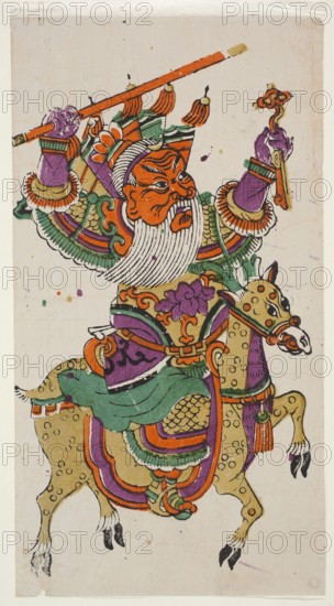Menshen Gate Guardian on Horseback, Chinese, Menshen Gate Guardian iconography, nianhua New Year's Day picture, guardian shown with a ruyi scepter of prosperity and a sword, early 20th century, Fengxiang place of origin, graphic print, height 44.5 cm, width 24.0 cm, A colorful painted figure of a warrior-like person with an orange face and a long white beard, wearing ornate green, purple, orange, and gold armor and garments, raises both arms while holding a long orange staff and a small decorative object; the figure has patterned sleeves and layered decorative elements in green and purple, and a headdress with green and orange details. The person is seated on a spotted tan and gold horse with purple and green trappings and orange and purple saddle decorations; the horse has a detailed face, black hooves, and ornamental tassels. The background is a plain off-white paper with some small colored spots and slight creases along the edges.