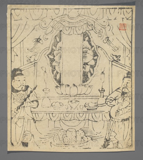 Votive Tablet of Heaven and Earth, Chinese, nianhua New Year's picture, early 20th century, graphic print, height 24.5 cm, width 21.0 cm, The image shows a printed black line drawing on a beige paper with a gray border around it; the drawing depicts an interior scene with a decorative framed vertical panel at center flanked by ornate carved shapes and drapery, a table in front holding a few vessels and bowls and two tall candlesticks, and a group of round objects on a woven tray beneath the table; at left and right stand two robed male figures holding long staffs, each with facial hair and simple headgear, and the composition includes decorative scalloped curtains, flowing ribbons, and a small red square seal near the upper right edge.