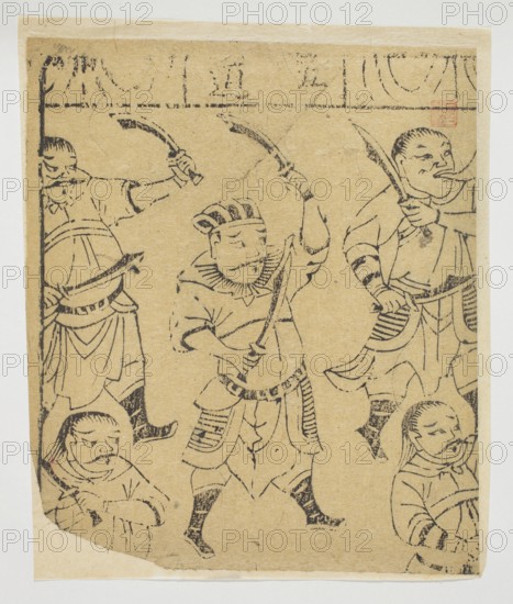 Deities of the Five Ways, Chinese, nianhua New Year's pictures, early 20th century, Shandong, graphic print, height 23.0 cm, width 19.0 cm, A worn, tan paper print shows a group of stylized figures drawn in black ink. The central figure stands with a raised arm holding a curved blade and wears layered clothing with patterned trim and a headpiece; there are a few figures positioned around him, each shown holding curved blades or other implements and wearing robes with decorative bands. The ink lines vary in thickness and show some faded and broken areas, and the paper has creases, small tears, and a slightly darker border at the top and left. Visible colors are tan and black.