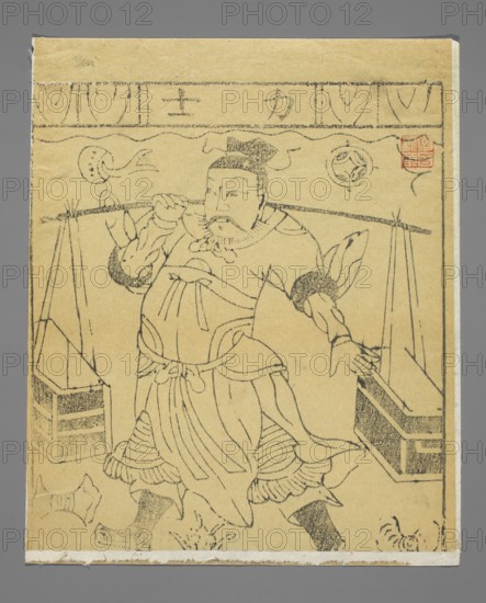 Deity Li Shi, Chinese, nianhua New Year's picture, early 20th century, Shandong, graphic print; height 24.0 cm, width 21.0 cm., A monochrome line drawing on yellowed paper mounted on a gray background shows a standing male figure wearing layered robes with wide sleeves and pleated skirt-like garments, a tied sash at the waist, and a square hat; he has a mustache and beard and holds a spoon or ladle near his mouth with one hand while the other hand rests on a horizontal pole or beam behind him. Flanking him are draped fabric panels hanging from the pole and rectangular box-like structures on either side, and a few small rounded objects and organic shapes appear near the bottom edges. The drawing uses fine black lines and shading on a yellow-beige paper with a small red stamp-like mark near the upper right.