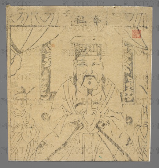 The Deity of Flowers, nianhua New Year's picture, early 20th century, Chinese Shandong, graphic print, flowers, height 22.0 cm, width 20.5 cm, A worn rectangular paper with a gray border shows a central seated figure wearing a tall decorated headdress and flowing robes, drawn in thin dark lines; the figure has a mustache and goatee and holds a blade pointed downwards in front of the chest; flanking the central figure are two smaller standing attendants also holding blades, depicted with similar linework and wearing robes; a curtained canopy with patterned vertical panels frames the figures at the top and sides; the paper is a beige tan color with areas of darker smudged gray ink and small spots of red and a tiny spot of turquoise near the bottom edge.