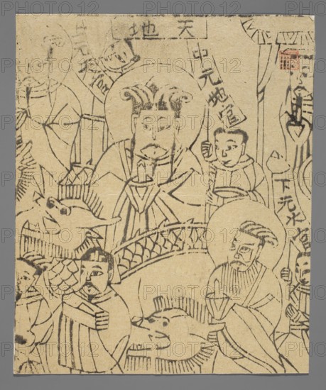 God of the Hearth and Home; unknown creator; ; Chinese; Chinese art; nianhua New Year's picture; early 20th century; Shandong; graphic print; graphic; height 22.0 cm; width 18.0 cm, A beige paper sheet with black ink line drawings shows a group of humanlike figures wearing robes and headdresses, some with circular halos behind their heads. Several figures hold staffs or objects, and one figure appears to hold a rectangular box. There are stylized animal heads and a patterned fishscale motif incorporated into the composition. The drawing includes bold and fine black lines with areas of crosshatching and repeated linear patterns against the beige background, and a small square red mark near the top edge.