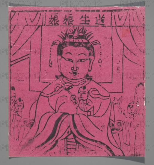 Goddess Sending Children, nianhua New Year's picture, early 20th century, Chinese Shandong, graphic print, height 21.0 cm, width 19.5 cm, graphic, Chinese art, A flat pink rectangular print mounted on a gray background shows a central seated figure with a rounded face, stylized hair with upward tufts and decorative elements at the sides, and a calm facial expression rendered in black ink lines; the figure wears flowing layered robes with bold curved stripes across the front and holds a smaller seated figure in the lap, while smaller attendant figures appear at the edges; a framed panel and curtain-like shapes form a backdrop, and the overall image is composed of black linework and textured ink marks on the pink paper with the outer mounting in gray.
