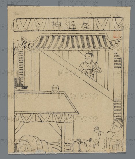 Deity guarding the house; nianhua New Year's picture, graphic print on paper; Chinese; early 20th century; Yanzhou; height 24.0 cm, width 19.0 cm., The image shows a simple black ink line drawing on a beige paper background with a gray border; it depicts parts of a building with a tiled roof and decorative eaves, vertical pillars, and a slanted beam cutting across the scene. Inside the structure a person in traditional clothing is visible behind the beam, holding an object that resembles a staff or stick, and another person is partially visible at the lower right corner with an arm raised. Below the roofline there is a covered stall or canopy with draped fabric and structural posts, and near the bottom left there is a coiled or rounded form that could be a fabric roll or bundle. The drawing uses black lines and shading on beige paper, and there is a small red rectangular mark near the upper right of the drawn area.