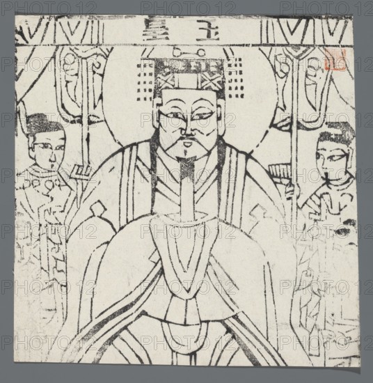 Jade Emperor, emperors, Chinese culture, jade, Chinese art, nianhua New Year's picture, early 20th century, Yanzhou, graphic print, height 19.1 cm, width 19.3 cm, A monochrome line drawing shows a central seated figure wearing a tall decorated headpiece and flowing robes, with a mustache and a long beard, flanked by two attendants standing slightly behind on either side; the central figure holds a rounded object in front and is framed by curved lines suggesting a throne or backdrop, while the attendants wear simpler garments and head coverings and hold long vertical objects. The image background is mostly light with black ink lines, and visible colors include black, white, gray, and a small area of muted red.