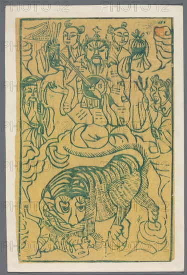 Dai Gong deity, nianhua New Year's picture, print serving as an amulet against diseases, depicts tigers, 19th century, China, ink/print on paper graphic, height 25.6 cm, width 17.1 cm., A rectangular print shows a stylized scene in green ink on a yellowed background with a pale off-white border; the composition features a group of robed human figures with varied facial hair and topknotted hair surrounding a central seated figure who holds a round object and a long thin implement, several attendants hold objects and stand behind and beside the central figure, and a large striped feline-like creature with a mane and expressive eyes occupies the lower portion of the image while clouds and flowing drapery elements weave through the scene.