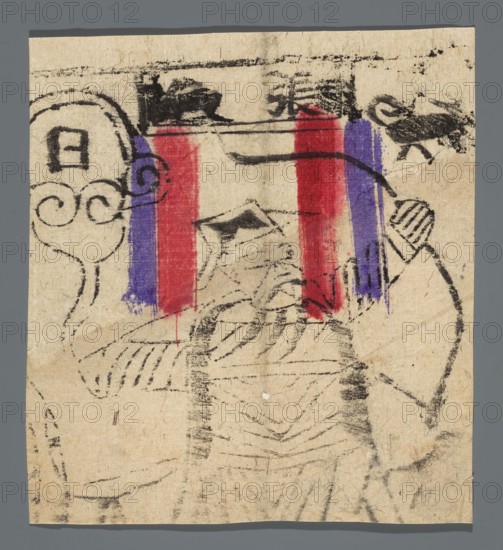 Guardian deity, guardian deities iconography, Chinese, nianhua New Year's picture, patron saint of children, shown with a bow aiming at a dog, early 20th century, China, graphic print, height 17.8 cm, width 16.2 cm, A roughly square piece of worn beige paper with visible creases and slight discoloration sits against a gray background; black ink sketches on the paper form loose outlines of a figure wearing layered garments and a head covering, with flowing curved lines suggesting arms and drapery, and a few heavier black marks and smudges around the top and right edges; over the central area there are vertical brushstrokes in red and purple, two red strokes flanked by purple strokes, with some dripping where the pigments meet the paper, and small flecks of pale off-white where the paper fibers show through.