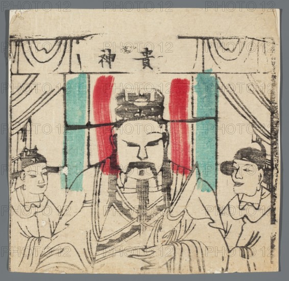 Deity Bestowing Talents, unknown artist, Chinese, nianhua New Year's picture, early 20th century, graphic print, height 20.7 cm, width 20.4 cm., A worn rectangular print shows a central seated figure with a dark mustache and beard wearing a tall headpiece and layered robes, flanked by two attendants each wearing head coverings; behind them are vertical fabric panels in red and turquoise with draped curtains in black linework, and the image uses black ink line drawing on a beige paper background with touches of red and turquoise.