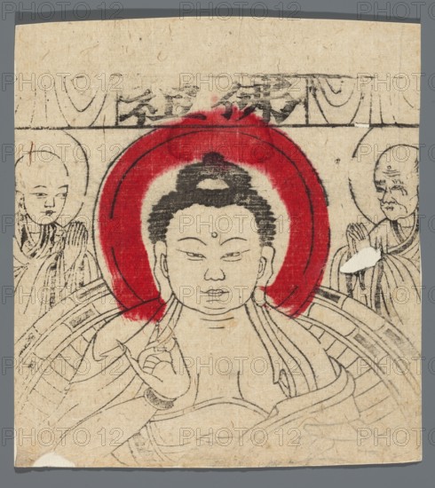 Buddha Shakyamuni with assisting monks; unknown creator; buddha iconography; Chinese culture; monks; ushnisha; nianhua New Year's picture; early 20th century, China; graphic print; height 19.2 cm, width 17.3 cm., A central seated figure with a rounded face and stylized hair sits against a large circular halo filled with red, with a lighter inner ring around the head; the figure wears draped robes drawn in black ink and holds one hand raised with fingers forming a gesture, while the other hand rests lower near the body. Flanking the central figure are two attendant figures with shaved heads and similar draped garments, each framed by faint circular halos; faint decorative lines and architectural motifs appear behind them at the top. The image is rendered on textured beige paper with visible fibers and age marks, primarily using black ink linework and areas of red pigment, with the surrounding border showing a gray background.