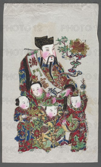 Menshen Gate Guardian surrounded by children; nianhua New Year's picture, Yangliuqing, early 20th century; Chinese; graphic print; height 59.3 cm, width 35.7 cm; images of children; Menshen Gate Guardian iconography;, A painted scene on wrinkled beige paper shows a group of figures wearing richly patterned robes in red, green, blue, gold, black, and pink. A central adult figure with a black hat and a long black beard has a pale face with pink cheeks and is draped in an elaborate multicolored robe patterned with florals and scrolls. Surrounding the adult are several children with pale faces and pink cheeks, each dressed in ornate garments featuring red, green, blue, gold, and touches of yellow and purple; one child wears a green hat, another has small hair buns. Decorative floral and cloud-like motifs in green, red, blue, and gold appear near the top right, and there are swirling ornamental designs throughout the clothing in similar colors. The overall composition sits against the plain...