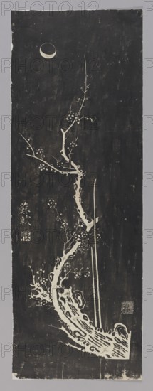 Branches of an Old Plum Tree ????, unknown artist; Su Shi 1037–1101, calligrapher;, noted. Chinese, Song dynasty 960–1279 original; early 20th-century print of a Song-dynasty original. Graphic print; seals; plum trees. Height 106.0 cm; width 39.7 cm., A tall vertical artwork with a dark background and pale central imagery shows a sinuous tree trunk with gnarled texture and several branches bearing small round blossoms, alongside a few long thin stalks; a pale crescent shape appears near the top against the dark field; the palette is primarily black and off-white with subtle gray variations.