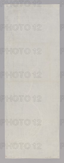 Branches of an Old Plum Tree ????, unknown graphic artist/author; Su Shi 1037–1101, calligrapher; print of an original from the Song dynasty; early 20th century, China; Chinese, Song 960–1279; graphic print; seals; plum trees; height 106.0 cm, width 39.7 cm, A tall, narrow sheet with a pale off-white surface set against a muted gray background, showing subtle uneven texture and faint creases; there are very light, barely visible curved and linear impressions across the sheet suggesting a delicate pattern, and a few tiny darker specks and slight discolorations near the edges; overall colors visible are off-white, very light gray, muted gray, and faint beige tones.