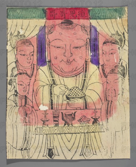 Deity caring for people suffering from smallpox, nianhua New Year picture, graphic print, early 20th century, Beijing; Chinese;, height 28.8 cm, width 25.0 cm., A faded printed scene shows a large central seated figure with a round face and serene expression, flanked by a group of attendants on either side; the central figure wears layered robes and holds a patterned bowl, while the attendants wear traditional garments and have hair arranged in buns or headpieces. The composition includes a table in front of the figures with small vessels and objects on it, and a draped backdrop with curtain-like shapes framing the group. The palette is dominated by pink and pale yellow washes over black linework, with accents of green and purple near the top and grey surrounding the image.