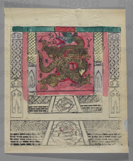 Dragon bringing wealth; unknown creator; ; Chinese culture; nianhua New Year's picture depicting a dragon covered with gold paper; early 20th century, Beijing; graphic print; graphic; height 51.0 cm, width 48.0 cm., A rectangular sheet with a central framed panel showing a stylized dragon rendered in gold and dark green scales on a pink background, with a green and blue bird near the dragon's head; the panel is bordered by patterned vertical columns in black and off-white and a teal and red horizontal band at the top; beneath the central panel are decorative black ink geometric and brick-like patterns on an off-white background, and a smaller circular motif with dark sketch lines and touches of pink; the overall paper is off-white with visible creases, small tears, and some smudges and spots.