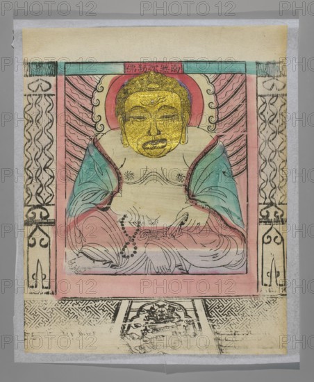 Buddha Maitreya Milefo, Chinese, early 20th century, nianhua New Year's picture woodblock print or graphic print, face of the deity covered with a mask of gold paper, Beijing; height 50.0 cm, width 45.5 cm., A seated figure with a gold-colored face and curly hair sits within a rectangular frame, wearing robes in shades of teal and pink with visible folds and decorative edging; the figure's torso and hands are exposed, holding a string of dark beads and draped fabric, and the body shows simple line details. The background inside the frame is pink with radiating patterned lines and pale decorative scroll shapes, while the outer border features vertical patterned panels in black on a beige background. The lower area shows a patterned floor design in black on pale paper with worn and faded areas, and the whole image rests on a light gray mounting with a pale beige top border. Overall colors visible include gold, teal, pink, black, beige, pale yellow, and gray.