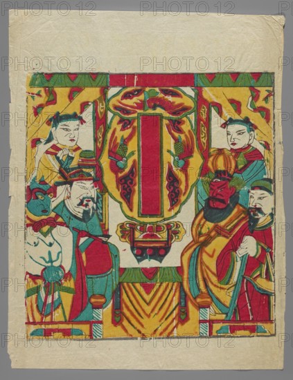 Votive plaque in honor of Heaven and Earth, Chinese, nianhua New Year's picture, early 20th century, Beijing; graphic print; height 40.0 cm, width 37.5 cm., A colorful rectangular artwork on a pale, slightly wrinkled sheet shows a central vertical decorative panel framed by patterned borders, with a group of stylized human figures flanking it. The palette includes bright yellow, red, green, teal, and black, used across garments, ornamental shapes, and background areas. On the left side a figure in layered clothing and another smaller figure with a rounded face appear, both outlined in black with red and teal accents; below them a masked or stylized face in teal and red is visible. On the right side several figures wear flowing robes in yellow, red, teal, and green, one with a darker red face and black beard, another with a pale face and black facial hair, all with defined facial features and hair decorations. The central panel features symmetrical ornamental motifs in yellow, red, gree...