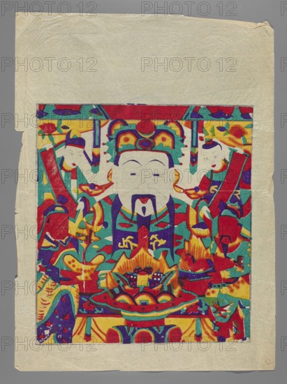 God of Wealth with Four Acolytes, unknown artist; Chinese nianhua New Year's picture, early 20th century, Beijing; subject: gods of wealth; medium: graphic print; dimensions: height 37.0 cm, width 33.5 cm., A colorful printed image on thin beige paper showing a central stylized figure with a mustache and beard wearing an ornate headdress, flanked by two attendants; the composition includes a decorative frame and a table or platform holding a large ornate bowl or offering with layered elements beneath the central figure. The visible colors include red, yellow, green, teal, purple, blue, orange, beige, and white. The paper shows creases, slightly torn edges, and a gray background surrounding the sheet.