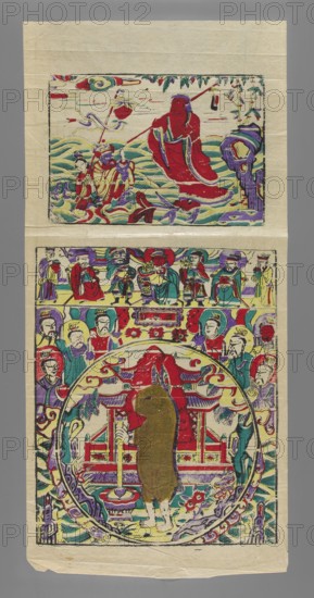 Bodhidarma with holy books and a nerite hare slaughtering the herb of immortality; unknown artist; nianhua New Year's picture, graphic print; early 20th century, Beijing; Chinese art; height 72.0 cm, width 37.0 cm., The image shows a vertical paper print divided into two illustrated panels with a pale beige background and a gray border; the top panel features a scene with flowing green and yellow waves, a large red-robed figure holding a long staff, smaller human figures in red and yellow garments, a purple and blue rock formation, and accents of purple, blue, green, and yellow throughout; the lower panel contains a circular frame centered on a standing figure covered in gold with pale legs and feet, surrounded by an ornate architectural element in red and purple, many seated and standing figures in red, green, purple, and yellow around the perimeter, decorative floral and wave motifs in green, blue, purple, red, and yellow, and additional decorative borders and flourishes in similar c...