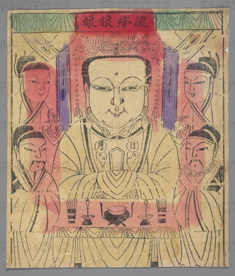 The patron goddess of smallpox patients, nianhua New Year's picture, early 20th century, Beijing, Chinese, woodblock graphic print, height 28.8 cm, width 24.8 cm, An illustrated image of a central seated figure with a calm facial expression surrounded by a group of attendants; the central figure wears layered robes and a decorative collar and has a rounded face with closed eyes and a small mark on the forehead, while the attendants on either side show varied facial hair and headwear and stand or sit slightly behind; the scene includes an altar-like table in front of the central figure holding ritual vessels and candlesticks, and there are patterned draperies or architectural elements framing the figures; the artwork is rendered in black line work on a beige paper background with areas of red, pink, purple, and green washes, and the image shows some creases and slight discoloration along the edges.