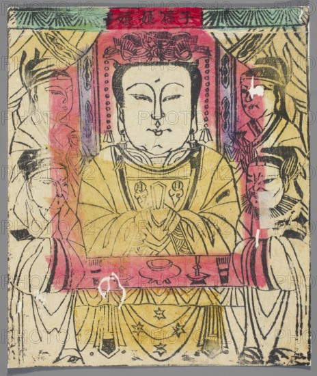 Goddess favoring the conception of a child; nianhua New Year's picture, early 20th century, Beijing; Chinese; graphic print; height 29.5 cm, width 24.7 cm;, A central seated figure with a round face and black hair wearing a yellow robe and an ornate headpiece is flanked by a few attendants on both sides; the faces and clothing are outlined in black ink with visible brush strokes. The background includes decorative vertical panels and drapery with patterns in green, yellow, and pink tones. A horizontal band in pink crosses the lower chest area and extends across the composition, overlapping the hands of the central figure. The image shows areas of faded color, paper texture, and some worn or abraded spots where the surface is lighter or missing. Overall visible colors include yellow, pink, red, green, black, purple, and areas of off-white paper.