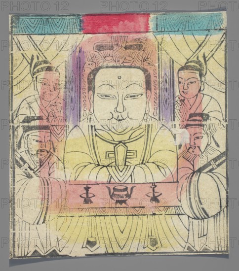 Goddess assisted by four acolytes; creator, Chinese; nianhua New Year's picture; early 20th century, Beijing; graphic print; height 25.5 cm, width 22.8 cm., A hand-drawn scene shows a central seated figure with a round face, a calm expression, and a decorative headpiece, flanked by a few attendant figures on either side; the figures are outlined in black ink with visible line work and simple facial features. The composition includes a frontal upper-body view of the central figure with folded hands or crossed arms, and attendants shown in partial profile or three-quarter view. The background contains draped curtain-like shapes and vertical decorative panels behind the central figure. The artwork is colored with washes of pale yellow over much of the central robe, soft pink and red across the top and a horizontal band near the middle, touches of light purple near the head area, and areas of light blue near the top border; there are also faint areas of beige or off-white paper visible thr...