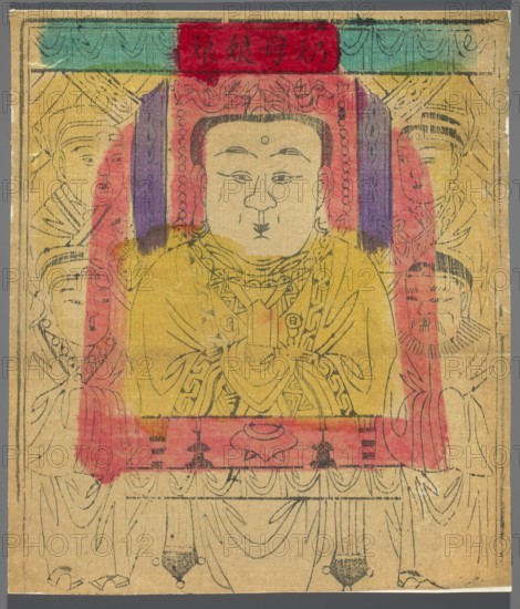 Caregiver of Nursing Mothers, nianhua New Year's picture, early 20th century China, Chinese, graphic print, height 29.7 cm, width 25.2 cm., An aged paper print showing a central seated figure with a rounded face and neutral expression, flanked by a few attendant figures whose faces are partially visible; the central figure wears layered robes and ornate patterned garments outlined in black ink, with decorative elements around the neck and shoulders. The composition includes a rectangular framed area around the central figure highlighted with washes of yellow and red and vertical purple panels at the sides, and a horizontal red band near the top and another near the lower chest area. The background paper is a tan beige, and there are additional areas of green at the upper border and subtle black ink linework throughout forming architectural and drapery-like shapes; the overall image shows ink outlines with washes of yellow, red, purple, green, black, and the tan of the paper.
