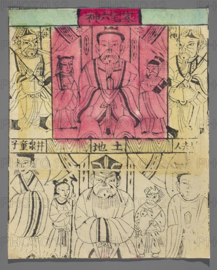 Six Deities of the Hearth, Chinese, nianhua New Year's pictures, early 20th century, Beijing; graphic print; height 31.0 cm, width 25.2 cm., A vertically oriented print showing a symmetrical arrangement of human figures in two stacked panels, with the top panel tinted pink and the bottom panel mostly pale with black linework; in the upper section a central seated older figure with a beard and traditional robes is flanked by two smaller figures and two standing attendants at the far sides, the background of this section containing drapery and decorative panels in pink and black; the lower section shows a central stern older figure wearing a hat and wide sleeves, flanked by several standing attendants and children drawn in black lines on a pale background, with curtain-like shapes behind them; the outer margins and narrow border areas show pale green and gray tones, and the overall palette includes pink, pale yellow, pale green, gray, black, and natural paper beige.