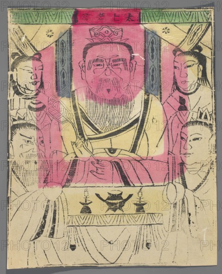 Deity of Mount Tai, nianhua New Year's picture, early 20th century, Beijing, Chinese, graphic print, height 31.0 cm, width 25.3 cm, An illustrated scene shows a central seated figure with a rounded face and beard wearing a crown and layered robes in shades of pink and cream, flanked by several attendants on both sides; the figures are drawn with black line work and areas of pink wash, against a cream background with accents of green along the top border and some blue-grey vertical panels; there is a table or altar in front of the central figure with black-inked vessels and decorative patterns, and the attendants wear robes and varied headpieces while some hold objects, all outlined in black with visible brush or print texture and areas of wear and discoloration.
