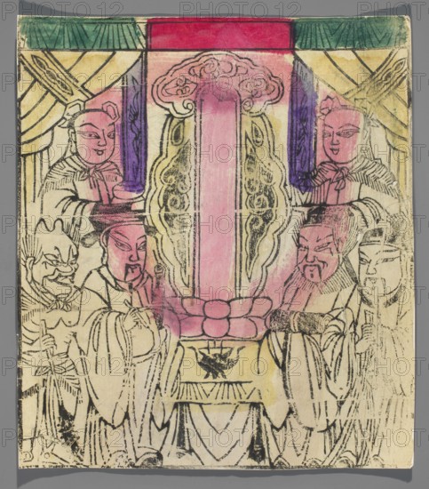 Votive plaque and dignitaries; unknown creator; ; Chinese; nianhua New Year's picture; early 20th century; Beijing; graphic print; height 28.3 cm, width 24.5 cm., A framed rectangular artwork shows a central tall vertical carved pillar in pink with ornate cloud-like decorative carvings at its top and mirrored carved panels on either side; the pillar stands on a rounded pedestal of pink shapes above a decorative yellow platform. Flanking the pillar are a group of stylized human figures and attendants drawn in black outlines with wash of pink on several faces and garments; the figures wear flowing robes and headpieces and have varied facial hair and expressions. Behind them are draped curtains and architectural elements with green, purple, and yellow washes at the top corners and a band of deep red across the top center. The overall palette includes pink, yellow, green, purple, black, and neutral beige paper tones, with visible brush strokes, ink lines, and areas of faded color.