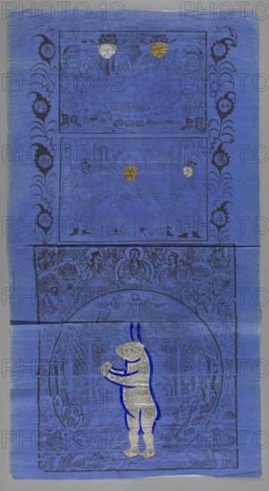 Jade Rabbit Hare, Chinese art; Chinese Buddhism; Buddhist art; coins; longevity shou iconography; hares, rabbits; mortars vessels; early 20th century, China; graphic print; height 106.0 cm, width 57.0 cm, The image shows a tall rectangular sheet with a vivid blue background and intricate dark blue line drawings arranged in stacked panels; the top panel contains several figures and decorative motifs, the middle panel shows more figures and ornamental designs, and the lower panel features a large circular medallion with detailed patterns. Along both vertical edges there are repeating floral or vine-like dark blue motifs. Scattered within the design are a few small metallic gold and silver mask-like shapes. Prominently centered near the bottom is a standing anthropomorphic figure rendered in a metallic silver color with bold blue outlines, facing left with its hands raised. The paper shows visible fold creases and slight edge wear, and the overall palette includes shades of blue, dark blu...
