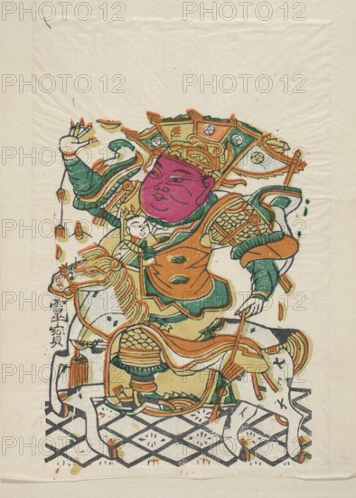 Menshen Gate Guardian on Horseback, Chinese culture, Menshen Gate Guardian iconography, nianhua New Year's pictures, right counterpart to no. SKAZgr 887, early 20th century, China, graphic print, height 40.0 cm, width 27.0 cm, The image shows a colorful printed figure of a person in ornate armor riding a horse, with the person's face rendered in a bright magenta and the armor and decorations in shades of green, orange, yellow, and gold; the horse is primarily white with orange and green tack and decorative elements. The figure wears a large, detailed headdress with green and orange sections and holds a gesture with one raised hand while the other holds reins or a staff. There is a smaller figure near the rider's chest wearing similar colored clothing. The composition sits on a patterned ground of interlocking diamond shapes in black and white, and the background is an off-white, textured paper with some small scattered flecks and spots in orange, green, and black.