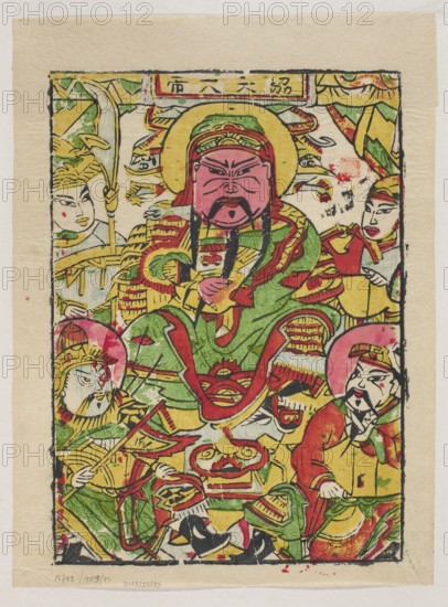 God of War Guandi with acolytes; creator, ; Chinese; nianhua New Year's picture, early 20th century, China; graphic print; height 34.5 cm, width 25.0 cm; subjects: Guandi iconography and acolytes; medium: graphic., A colorful printed image shows a central seated figure with a pink face, black facial hair, and a yellow circular halo behind the head, wearing predominantly green and red robes with yellow accents; around this figure are several attendants with varied facial expressions wearing clothing in green, yellow, red, and pink tones, some holding long staffs or objects; decorative elements and patterned borders in green, yellow, red, and black fill the background and surrounding space, and the whole scene is framed by a thin black rectangular border on a beige paper background.