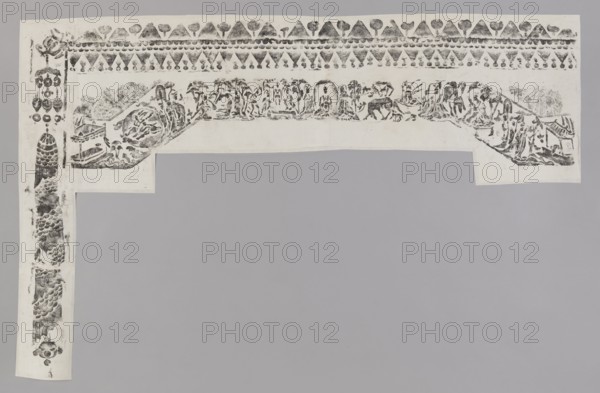 Buddhist votive procession, Chinese, early 20th century. Graphic print depicting Buddha, bodhisattva, animals, trees and geometric ornament. Height 95.0 cm; width 148.0 cm. Materials/technique: graphic., A large light gray background with a white L-shaped paper sheet placed over it, showing a dark gray ink rubbing of decorative motifs along the top and left edges of the sheet; the rubbing along the top edge includes a repeating triangular and rounded pattern and a horizontal row of small circular impressions, with a central band below that depicting a group of humanlike figures and animallike shapes and tree shapes rendered in dark gray; the left vertical band shows a vertical sequence of stylized hanging ornament shapes and scale- or feather-like textured forms in dark gray; the white sheet shows irregular cut edges and overlaps, and the overall palette is shades of white, light gray, and dark gray.