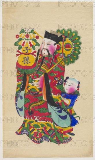 Menshen the Gatekeeper Bringing Children, unknown artist, gift, Chinese art, Chinese culture, Menshen the Gatekeeper iconography, nianhua, New Year's pictures, pendant to SKAZgr 920, early 20th century, Lingbao place of origin, graphic print, height 58.0 cm, width 33.9 cm, A colorful painted scene shows a robed figure and a child against a beige background. The robed figure wears an elaborate garment with dominant red, green, yellow, blue, black, and light turquoise areas, decorated with patterned motifs and a stylized dragon element. The figure has a pale face with pink cheeks, a black mustache and beard, and a black hat with yellow accents. To the figure’s side a decorative round fan or ornament with green fringe and yellow elements is visible. A small child stands beside the figure wearing blue and green clothing with pink cheeks and hair tied in small buns. There are additional decorative motifs around the figures including floral shapes in yellow, red, and green and ribbon-like el...