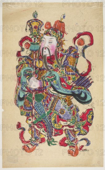 Menshen Gate Guardian, unknown artist; woodblock nianhua New Year's print depicting a figure in warrior's costume; Chinese; Yangliuqing; early 20th century; graphic print; height 58.0 cm, width 33.9 cm., A painted figure of a person wearing an ornate headdress and elaborate layered robes fills the image, rendered on a beige background; the face shows a pale complexion with pink cheeks and a long dark mustache and beard, and the expression is calm with narrow eyes. The costume includes a mix of bright colors such as red, green, blue, purple, yellow, orange, and teal, with intricate patterns and decorative motifs throughout. The figure holds a tall staff topped with a decorative element, and there are flowing ribbon-like shapes in red and purple around the figure. The garments feature floral and geometric embellishments in gold-yellow and green, and there are ornamental shoulder pieces and boots with curved toes in orange and red. Overall the composition is richly detailed with vibrant c...