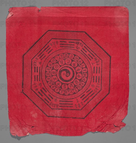 Chart of trigrams and cyclic signs, Chinese art, Chinese culture, visual documentation, graphic prints, early 20th century, China, graphic print, height 35.0 cm, width 32.5 cm, A worn square sheet of red paper with creases and torn edges resting on a gray background, featuring a large octagonal black-ink design centered on the page that contains concentric circular patterns and a spiral-like motif at the center, surrounded by several rings of small circular marks and segmented linear bars, with visible smudges and wrinkles on the paper and slightly folded or torn corners.