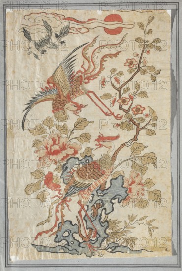 A pair of fenghuang phoenix birds; unknown creator; Chinese art; Chinese culture; visual documentation; fenghuang/phoenix iconography; On the left at the top of the strip of small birds there is a New Year's picture; early 20th century, China; graphic print; height 44.0 cm, width 28.0 cm., An aged vertical artwork shows a stylized scene with a large ornamental bird with long legs and an elaborate tail standing on a textured rock formation, a second large bird in flight above with outstretched wings, and a pair of smaller birds flying near the top; several flowering branches with blossoms and leaves surround the birds, along with large peony-like flowers and scattered foliage. The palette includes muted reds, warm browns, pale yellows, soft greens, blue-gray for the rock, black outlines, and areas of off-white and beige from the aged paper. The composition is framed by a thin border and the paper shows creases and worn edges.